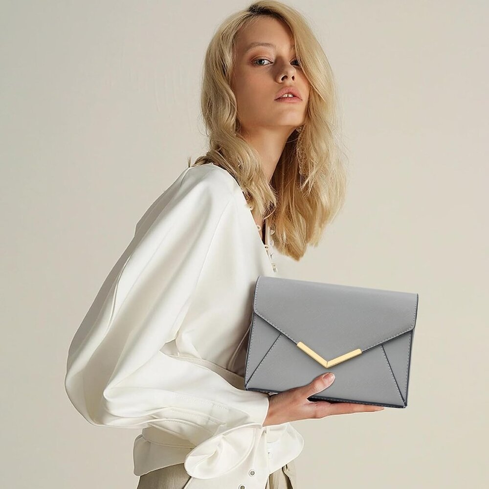 ⚡ Women's Gray Leather Elegant Snap Closure Envelope Foldover Clutch Bag
